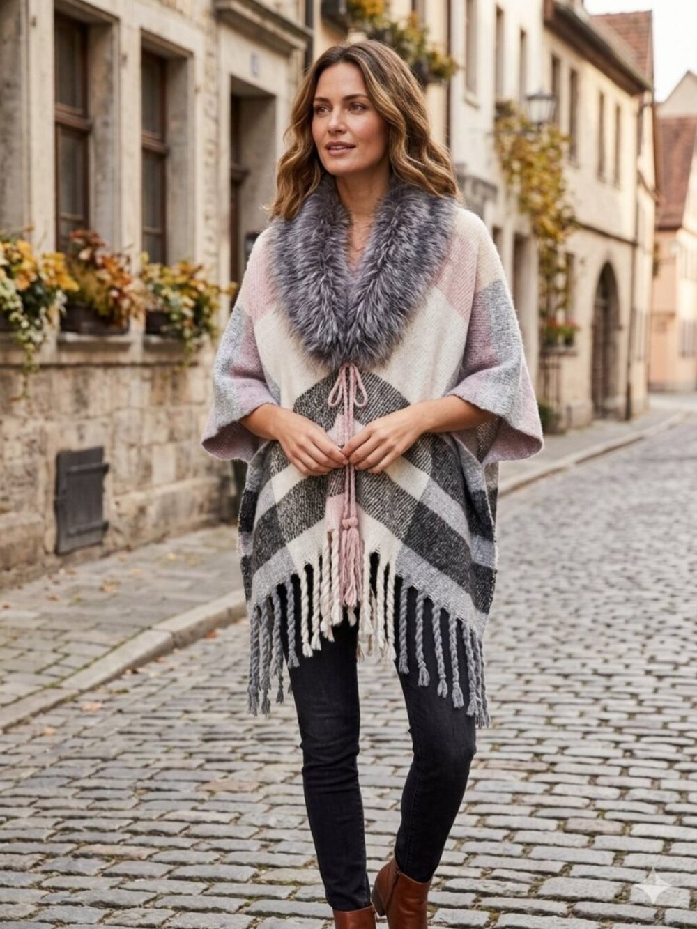 NWT Adrienne Vittadini Studio Faux Fur Collar Plaid Poncho Grey OS